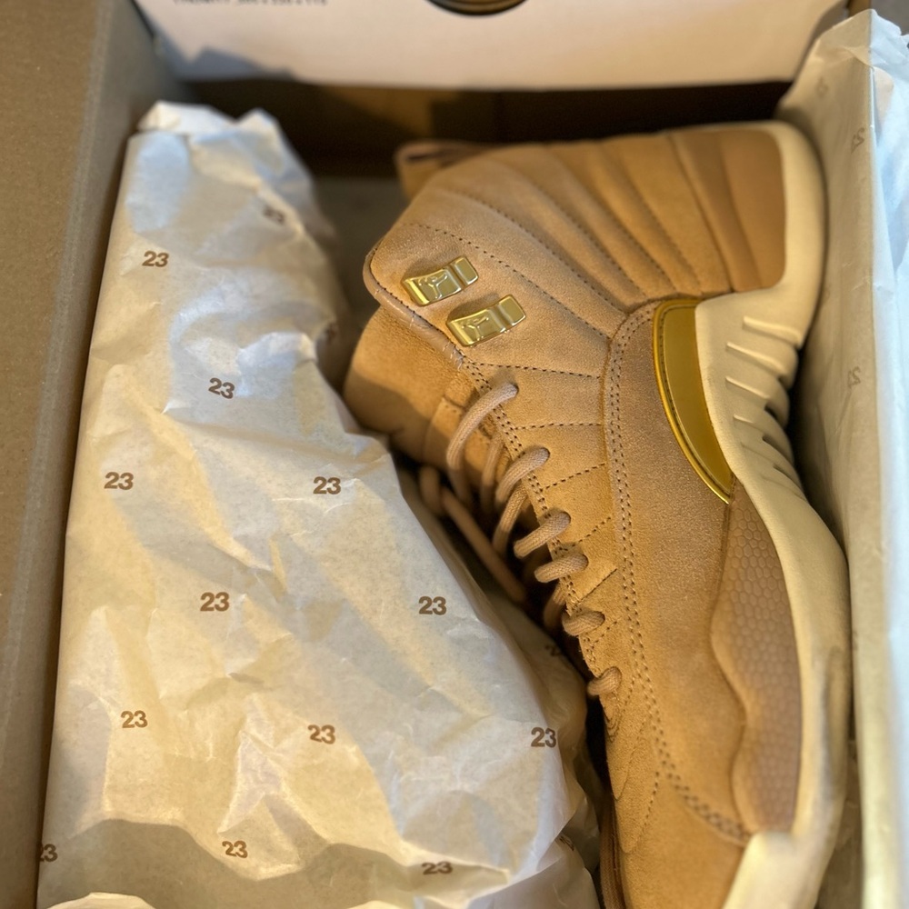 Women’s  suede Tan and Gold Air Jordan 12s